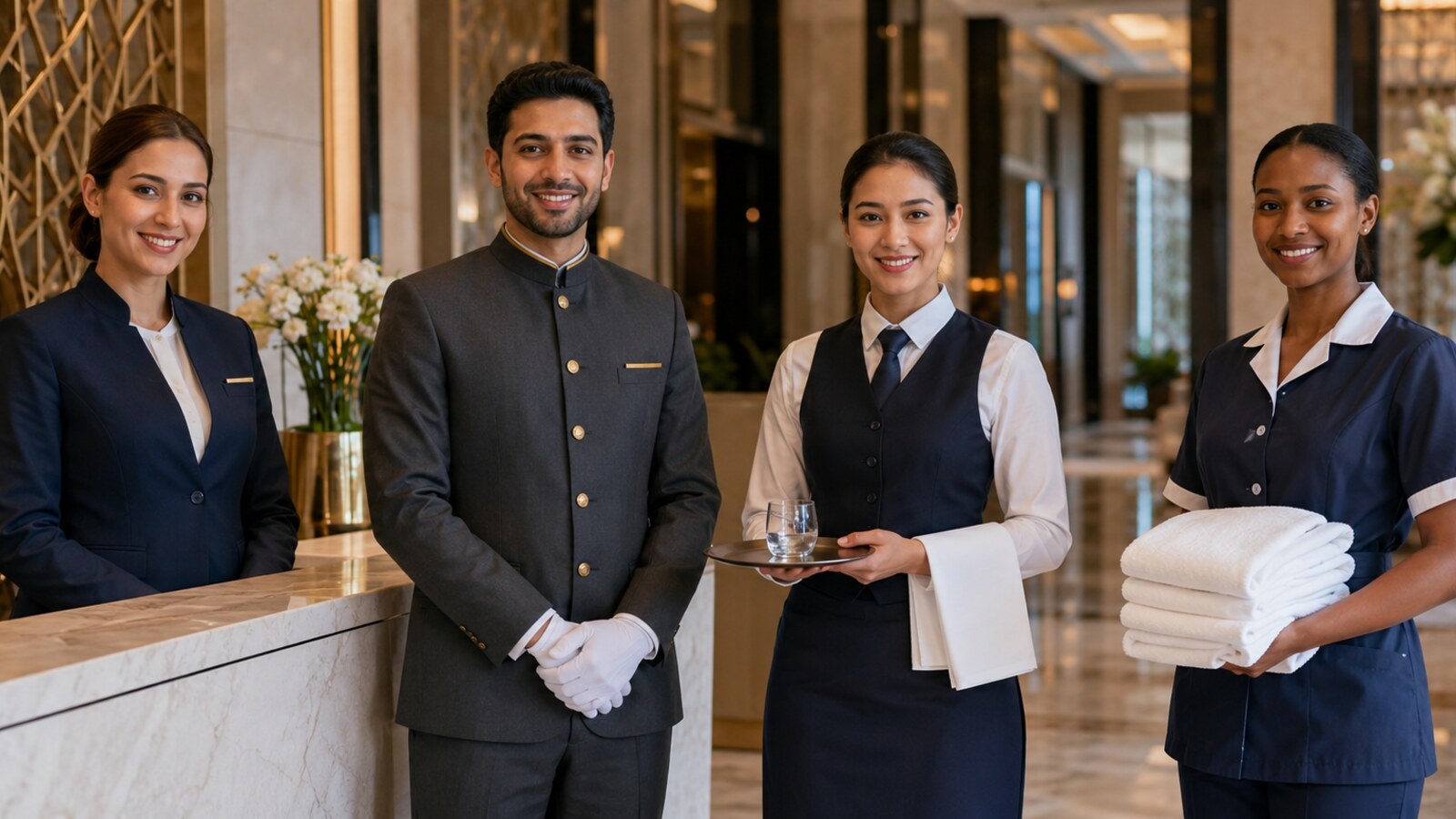 Hotel and restaurant hospitality staff wearing professional uniforms